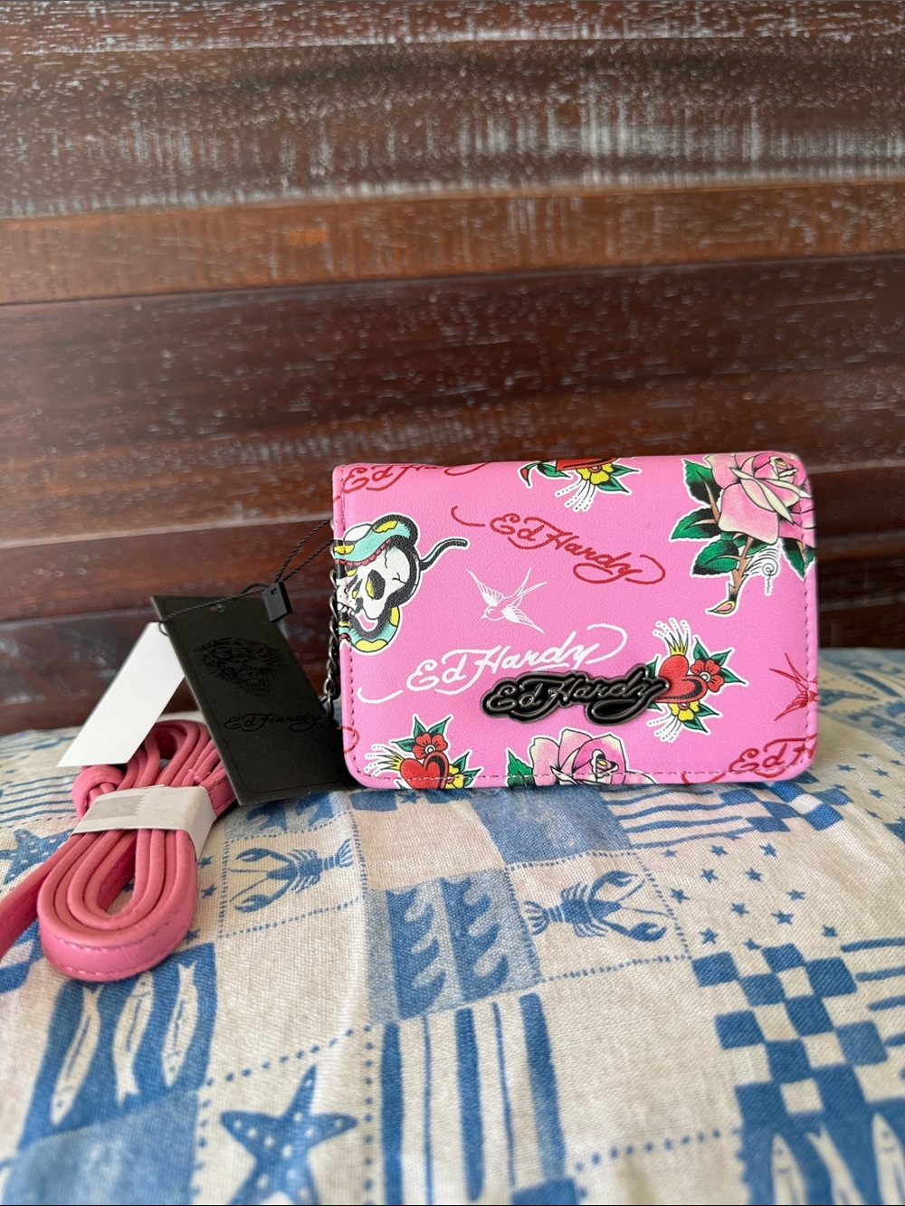 Ed Hardy Pink Tattoo Floral Mini Crossbody Bag